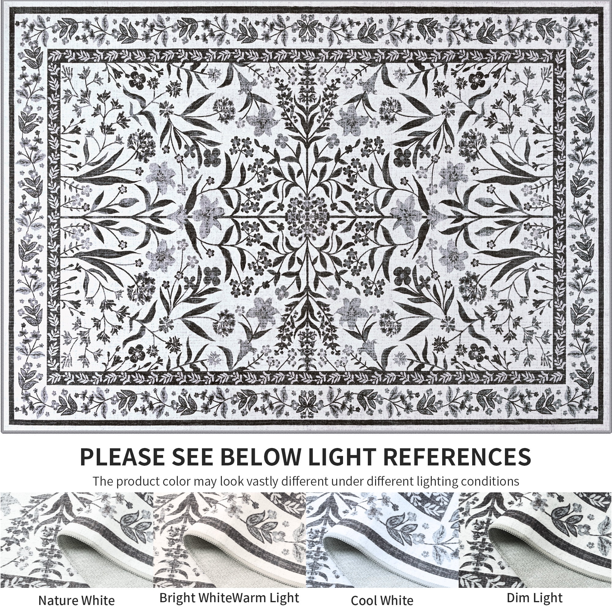 Astorug 6x9 Ft Black Floral Area Rug - Machine Washable Low Pile Non-Slip Carpet, Boho Vintage Farmhouse Decor for Living Room, Bedroom, Nursery & Office