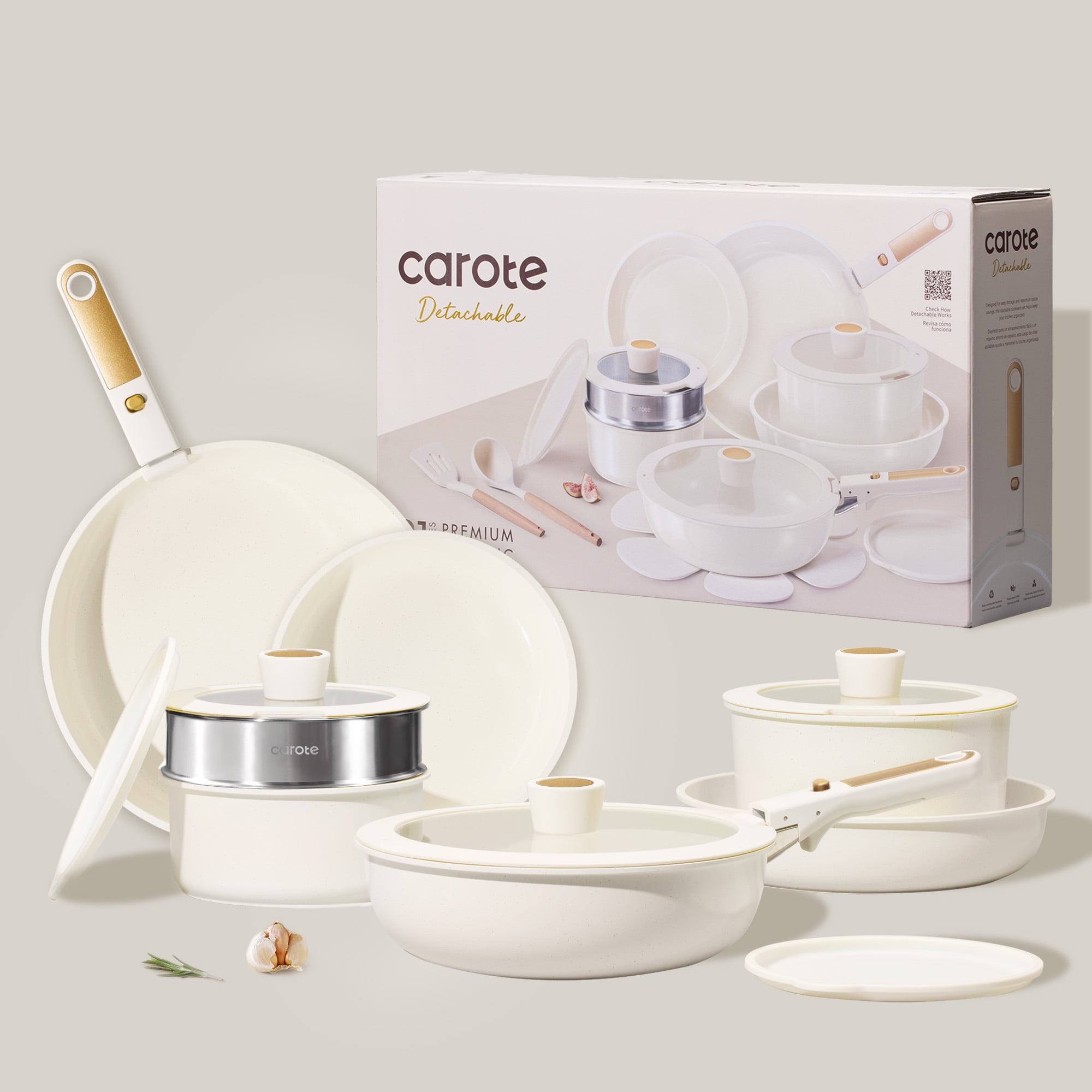 Carote 21 Pieces Pots and Pans Set with Detachable Handle, Ceramic Non Stick Non Toxic Kitchen Cookware Set with Induction, Oven/Dishwasher Safe, Granite White