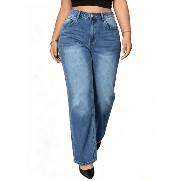 Atkumj Women Straight Leg Jeans Versatile Oversized Button‑Zip Fly High Waisted Jeans Vintage Wash Long Length Blue Jeans Women with Side Pockets XL