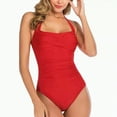 thumbnail image 2 of Hessimy Tummy Control Swimwear Halter One Piece Vintage Retro Swimsuit Womens Ruched Push Up Bathing Suit(Red,L), 2 of 6