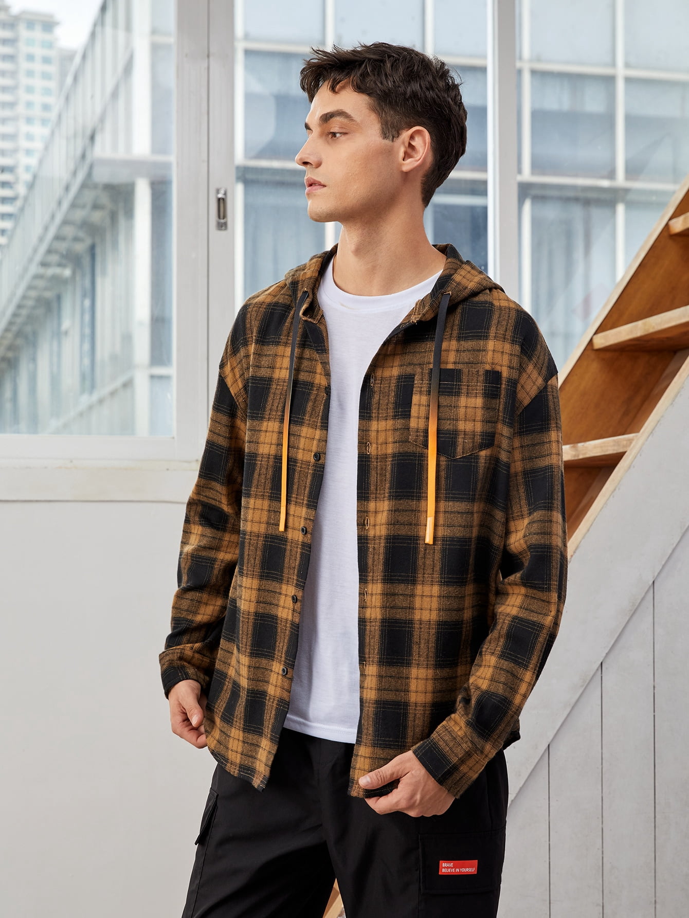 Men Plaid Pocket Front Drop Shoulder 