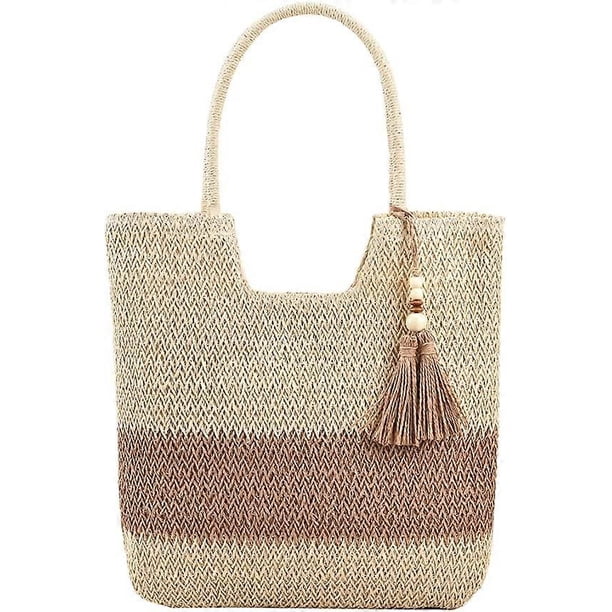 Straw Beach Bags for Women Summer Straw Bag Woven Tote Bag with Tassels Large Straw Shoulder Bag Woven Handbags with Zip for Travel, Shopping, Holiday
