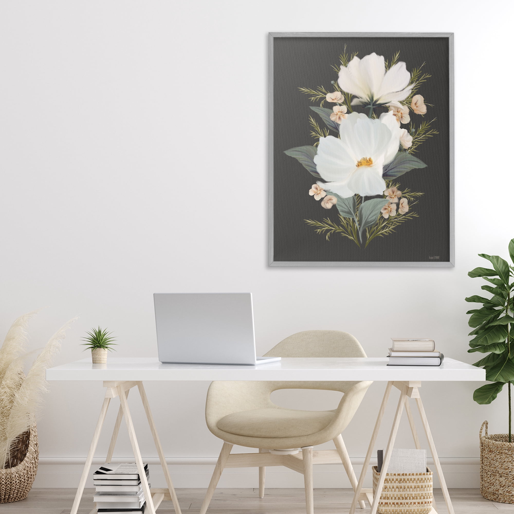 Stupell Industries Lace Cosmos Flowers Gray Framed Giclee Art, design by House Fenway