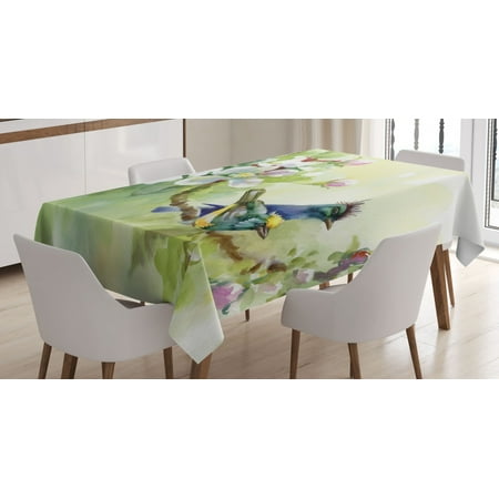

Flowers Tablecloth Watercolor Style Effect Birds of Spring on Tree Branch Illustration Rectangular Table Cover for Dining Room Kitchen 60 X 90 Inches Yellow and Reseda Green by Ambesonne