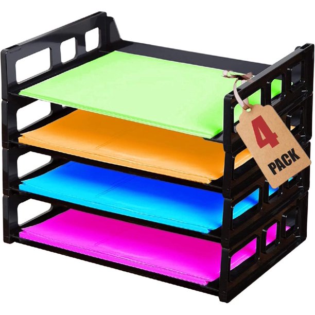 Stackable Paper Tray Organizer, Plastic Letter Tray, Office Desk Tray, Black (4Pack)