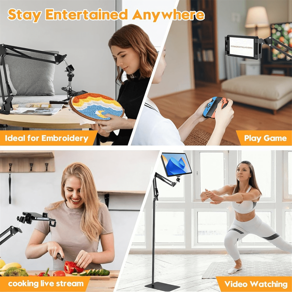 Black Adjustable Embroidery Hoop Stand, 3-in-1 Hoop/Tablet/Phone Holder Floor 360° Rotatable