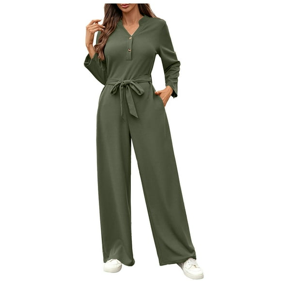 High Waisted Tie Knot Bandage Straight Leg Plain Long Leg Casual Coveralls for Women Summer Fall Loose Fit Overalls Pants Catsuit Women Button 2025