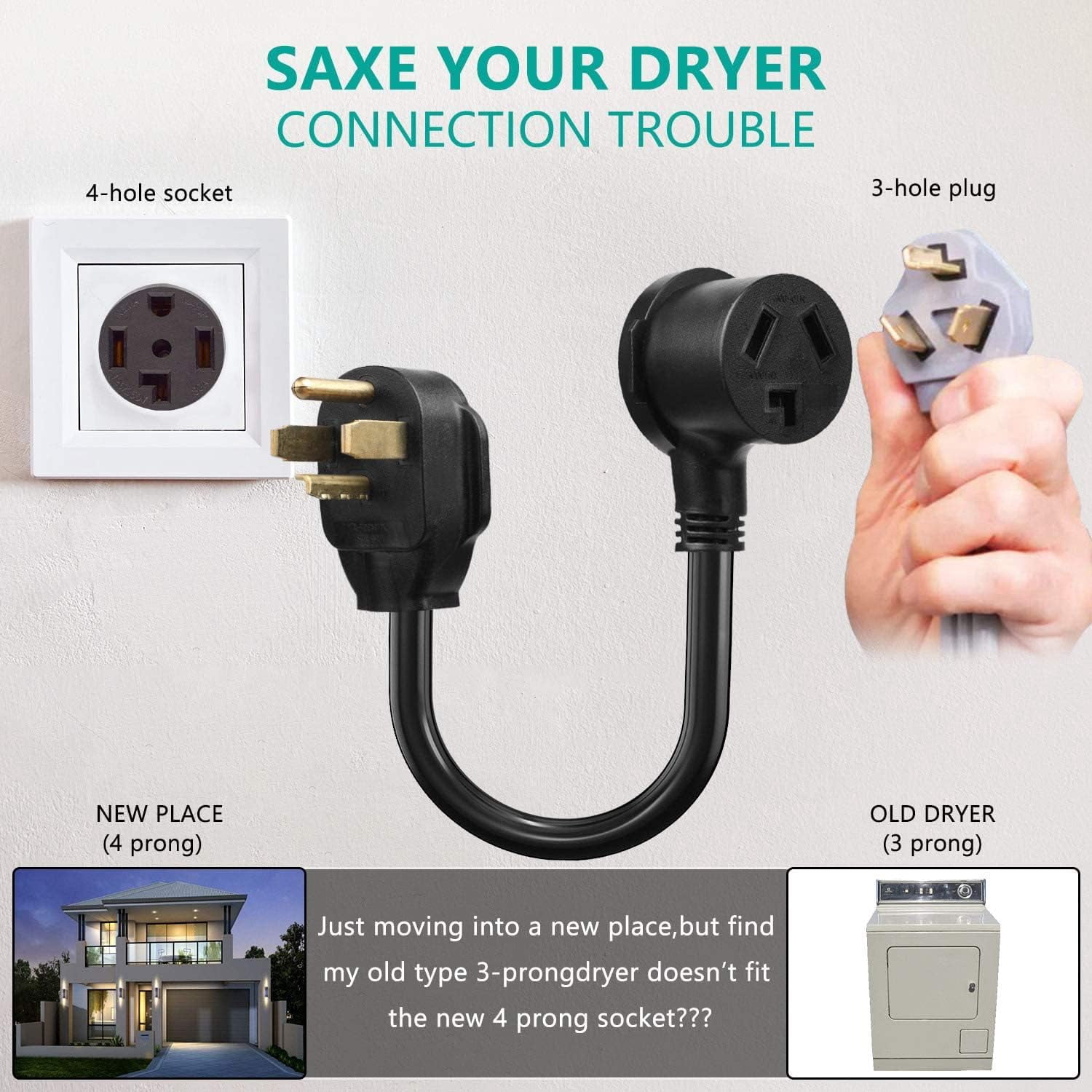 1.5FT 3 Prong to 4 Prong Dryer Adapter - Perfect 3 to 4 Prong Dryer Plug Adapter, 14-30P Male to 10-30R Female Receptacle, 30A, 250V!