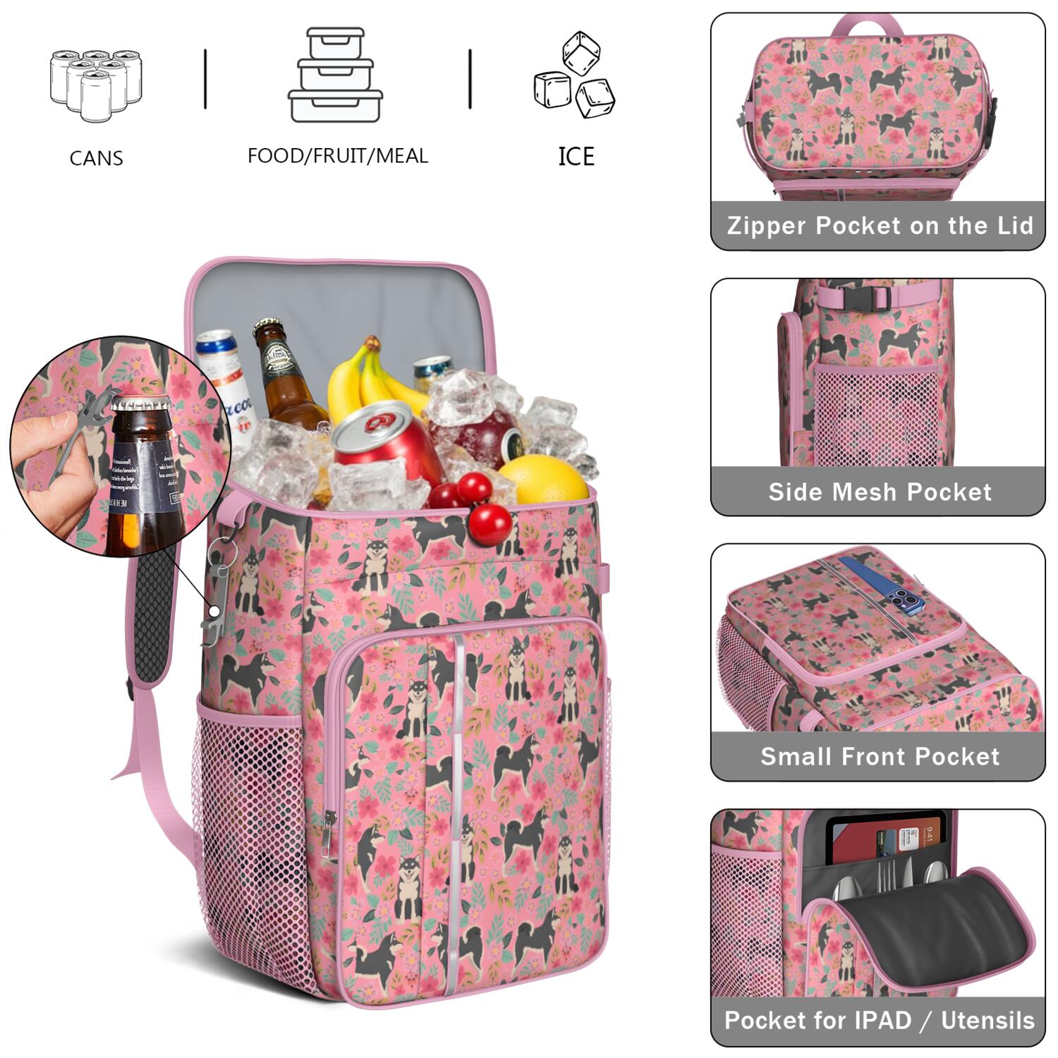 Travel Cooler Bag - Shiba Inu Dog and Flower Floral Camping Beer Cooler Backpack with Bottle Opener- Waterproof Insulated Picnic Backpacks - Cooler Bag for Beach