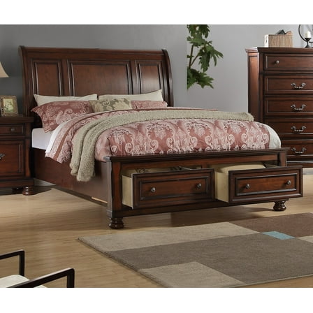 Antique Sleigh HB Storage FB Bed Bedroom Cherry Veneer Wooden 1pc Queen Size Bed MDF Pine Formal Bedframe
