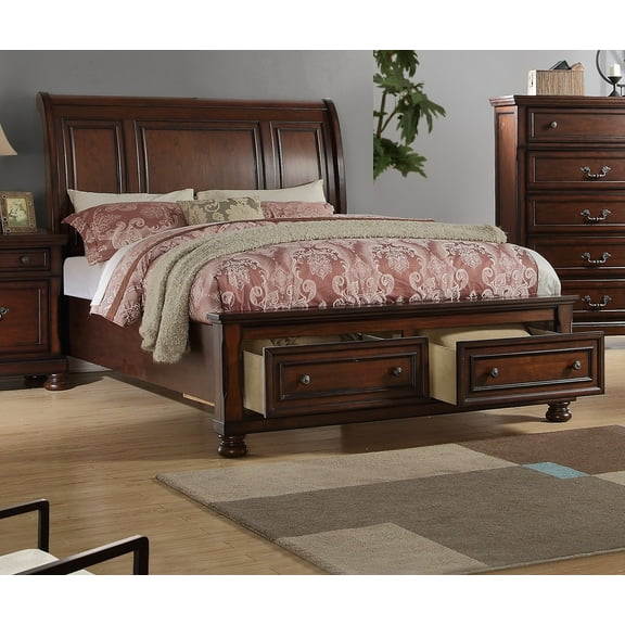 Antique Sleigh HB Storage FB Bed Bedroom Cherry Veneer Wooden 1pc Queen Size Bed MDF Pine Formal Bedframe