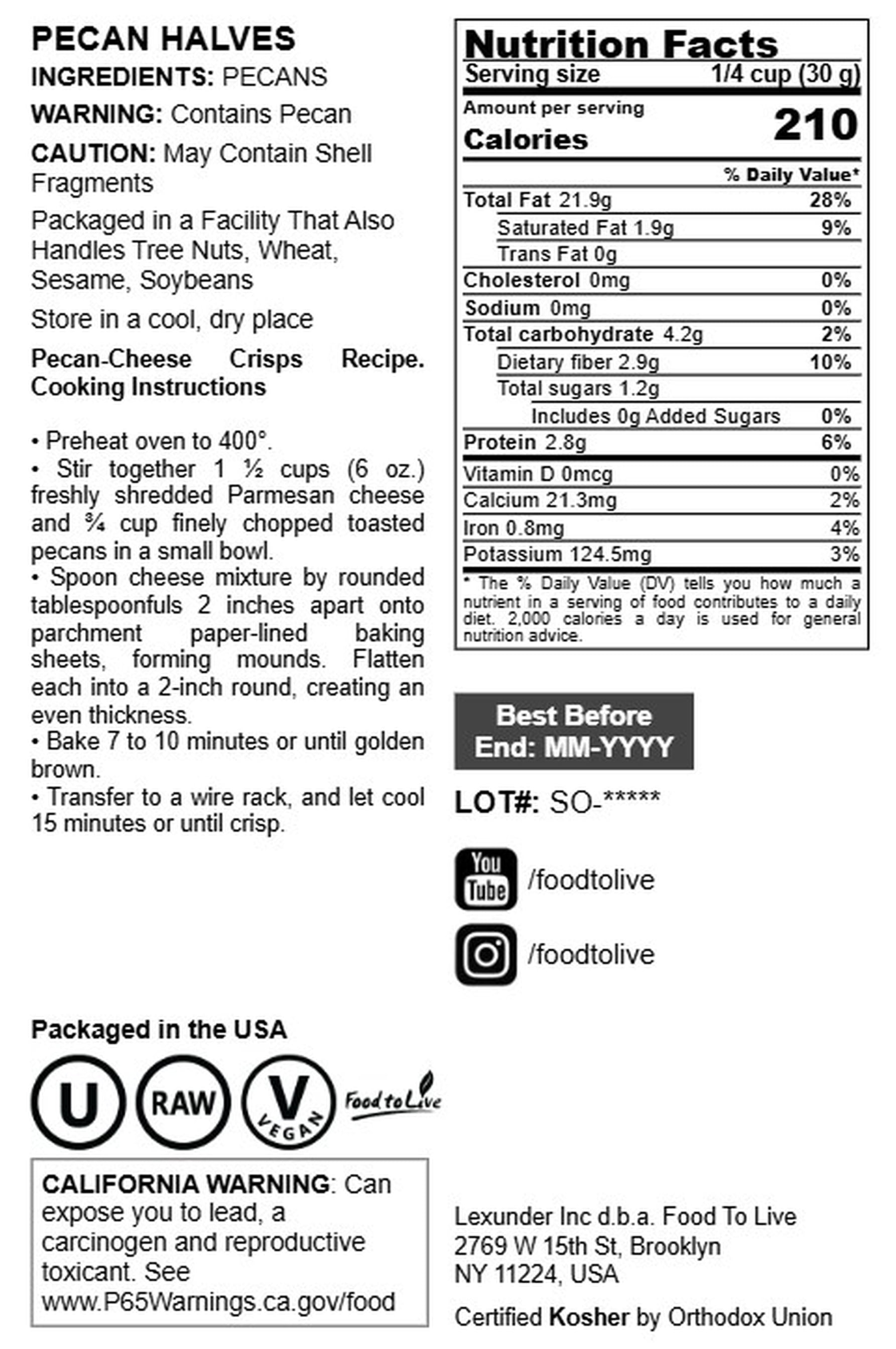 Food to Live Whole Pecans, 1.5 Pounds, Non-GMO Verified, Raw, Shelled