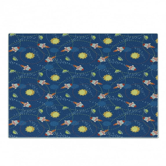 Space Cutting Board, Little Cartoon Rocket with Circular Flight Path and UFOs Sun Polka Dots Skyline, Decorative Tempered Glass Cutting and Serving Board, Small Size, Multicolor, by Ambesonne