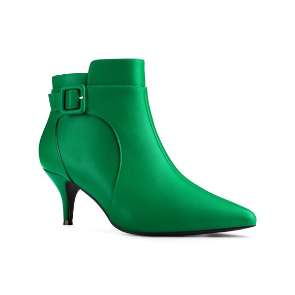 BLISSFUL STEP Women's Pointy Toe Zipper Buckle Decor Kitten Heels Ankle Boots Green 8