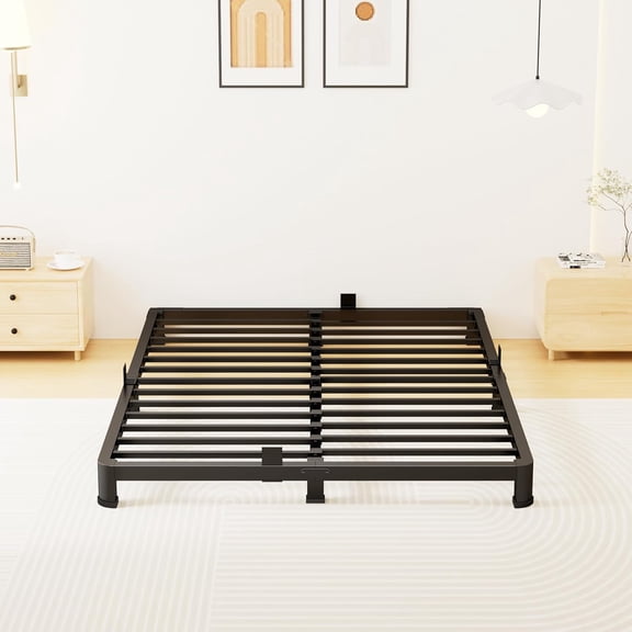 Queen Bed Frame Low Profile, Heavy Duty Metal Platform Bed Frame with Round Corner Legs, Sturdy Mattress Foundation, No Box Spring Needed, Easy Assembly, Noise Free, Black