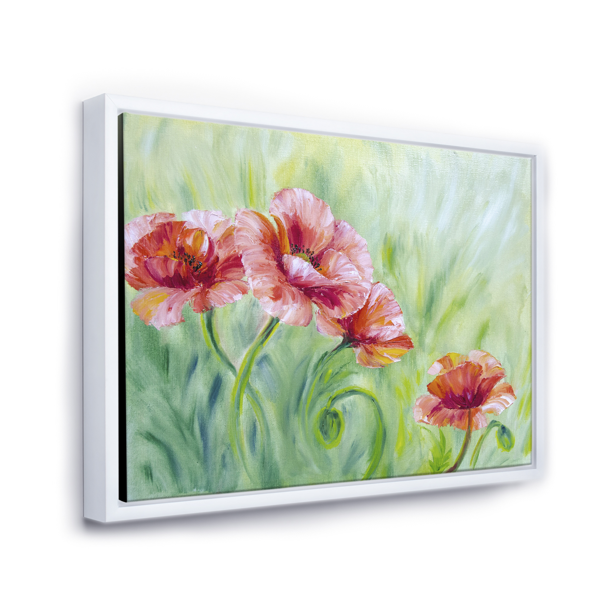 Designart 'Red Blossoming Poppies Over Wild Green II' Traditional Framed Canvas Wall Art Print