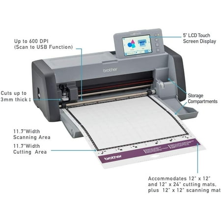 Brother ScanNCut SDX125EGY Electronic DIY Cutting Machine with Scanner, Plus Vinyl Auto Blade Kit, Black & White Vinyl Rolls and Tools