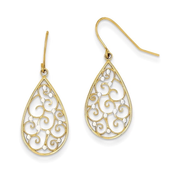 14k Yellow Gold and Rhodium Polished Teardrop Earrings - 1.3 Grams - Measures 29x11mm Wide