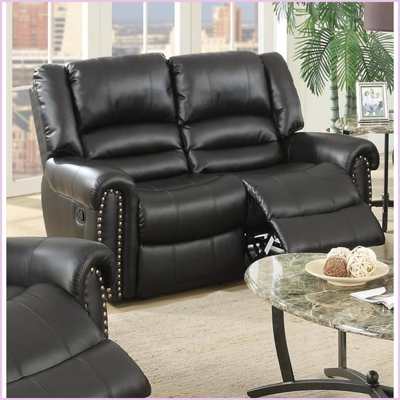 Contemporary Black Bonded Leather 2-Seat Manual Recliner Loveseat - Pillow Top Arms - Living Room Furniture | Metal Mechanism | Plush Comfort