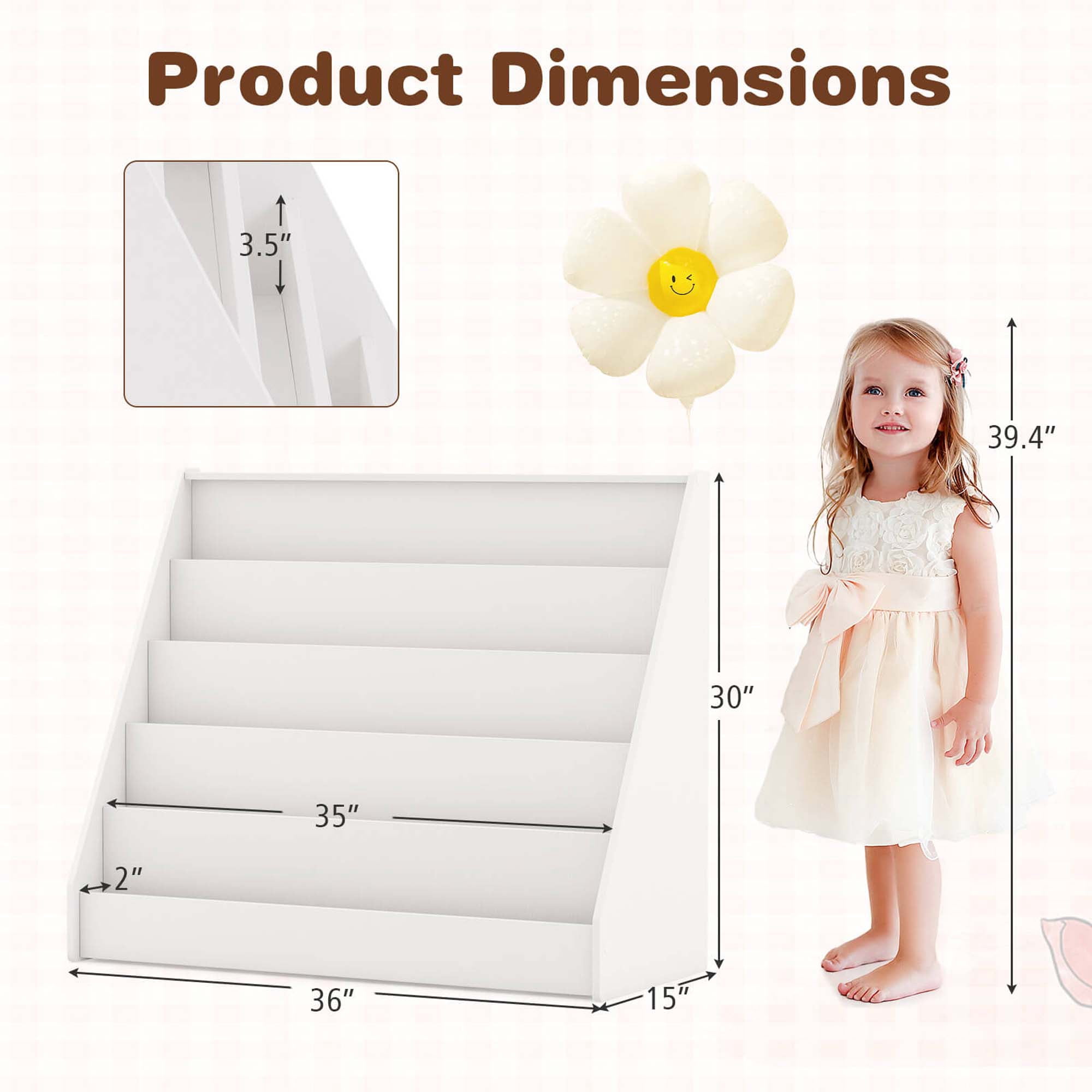 Costway 5 Tier Kids Bookshelf with Anti-Tipping Device Kids-friendly Height for Bedroom White