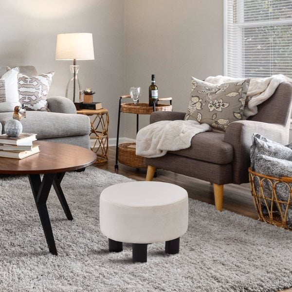 Round Linen Ottoman Foot Stool – Padded Footrest with Non-Skid Pine Legs, Soft Step Stool for Couch, Desk, Dorm, Office, Hallway White