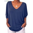thumbnail image 3 of BadPiggies Womens Plus Size Loose Blouse 3/4 Sleeve Back Buttons T Shirts Casual V Neck Solid Tops For Summer Fall (L, Blue), 3 of 9