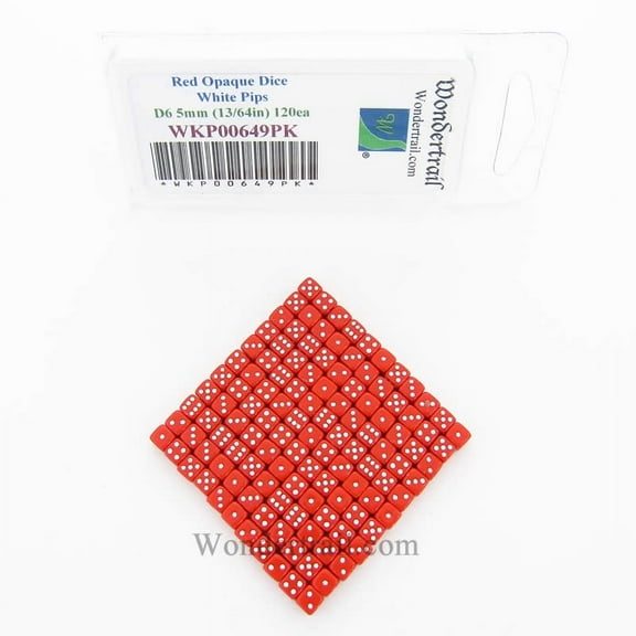 Red Opaque D6 Dice with White Pips 5mm (13/64in) Pack of 120 Wondertrail