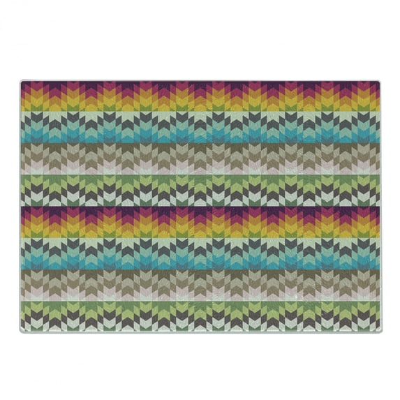 Geometric Cutting Board, Pattern with Geometric Prehistoric Effects in Contrast Colors Art, Decorative Tempered Glass Cutting and Serving Board, Small Size, Multicolor, by Ambesonne