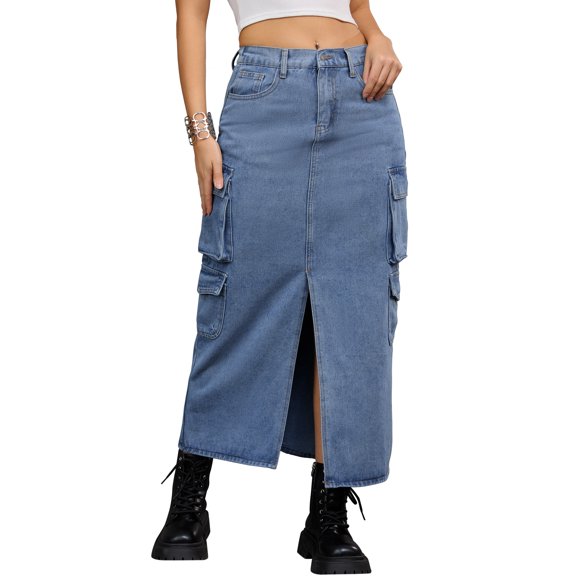 INSPIRE CHIC Women's Maxi Denim Front Split Button Front Elastic Waist Streetwear Flap Pockets Cargo Jean Skirts S Gray Blue