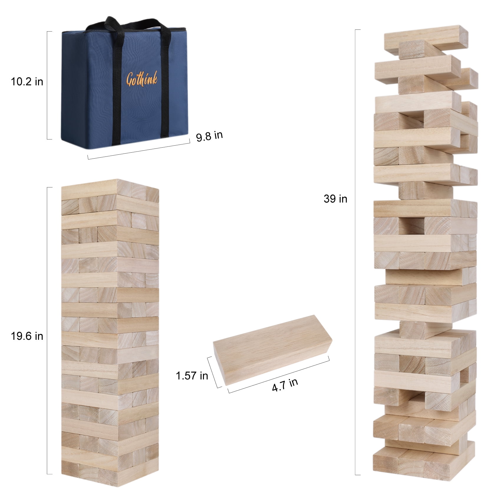 Fugocen Giant Tumble Tower Game, 60pcs Large Wooden Stacking Game Stack to Over 3.2 FT Gifts for Adult Kids