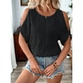 thumbnail image 5 of Women'S Cold Shoulder Eyelet Tops Crew Neck Batwing Sleeve T-Shirts Textured Knit Black L, 5 of 9
