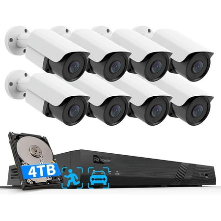 16 Channel 4K PoE Security Camera Systems 4K/8MP NVR w/4TB HDD 16pcs Wired 8MP Ultra-HD 3.6mm Smart Human Detection IP Security Bullet Cameras System for Home Business 24/7 Audio Record