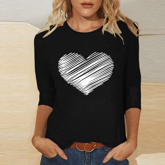 BEFOKA Womens T Shirts 3/4 Long Sleeve Valentine'S Day Crewneck Sweatshirt Love Heart Printed Womens Blouses Cute Tops Pullover Sweatshirt Graphic Tshirts Holiday Outfits Tee Tops