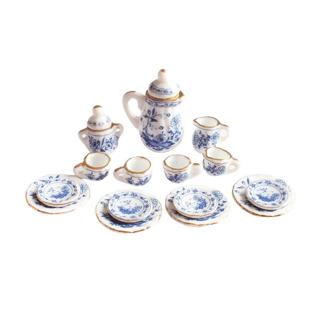 Bewildely Mini juego de vajilla para casa, modelo de en miniatura, adorno de cocina, Kit de vajilla DIY de cerámica interesante, casas de muñecas Flor azul