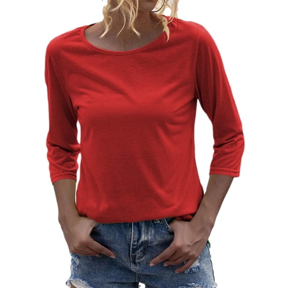 3/4 Sleeve Women Round NeckSolid Casual Basic Tops T Shirt
