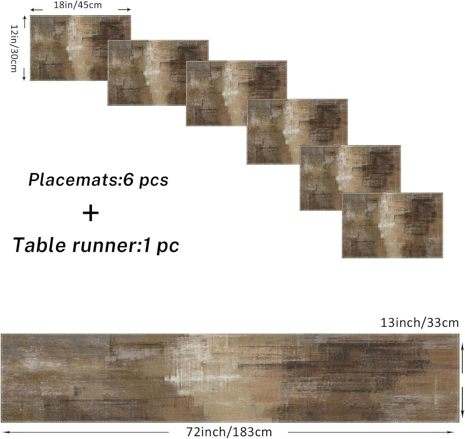 Vintage Brown Grey Table Runner and Placemats Set of 6, Modern Abstract Painting Art Dining Decor for Daily Use(1 Table Runner 72 inches Long and 6 Placemats)