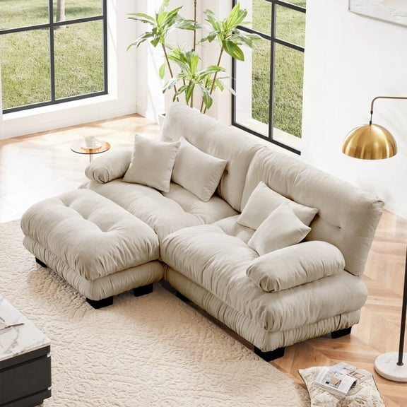 Modern Chenille 2-Seater Couch with Convertible Ottoman for Living Room (220×80×75cm)