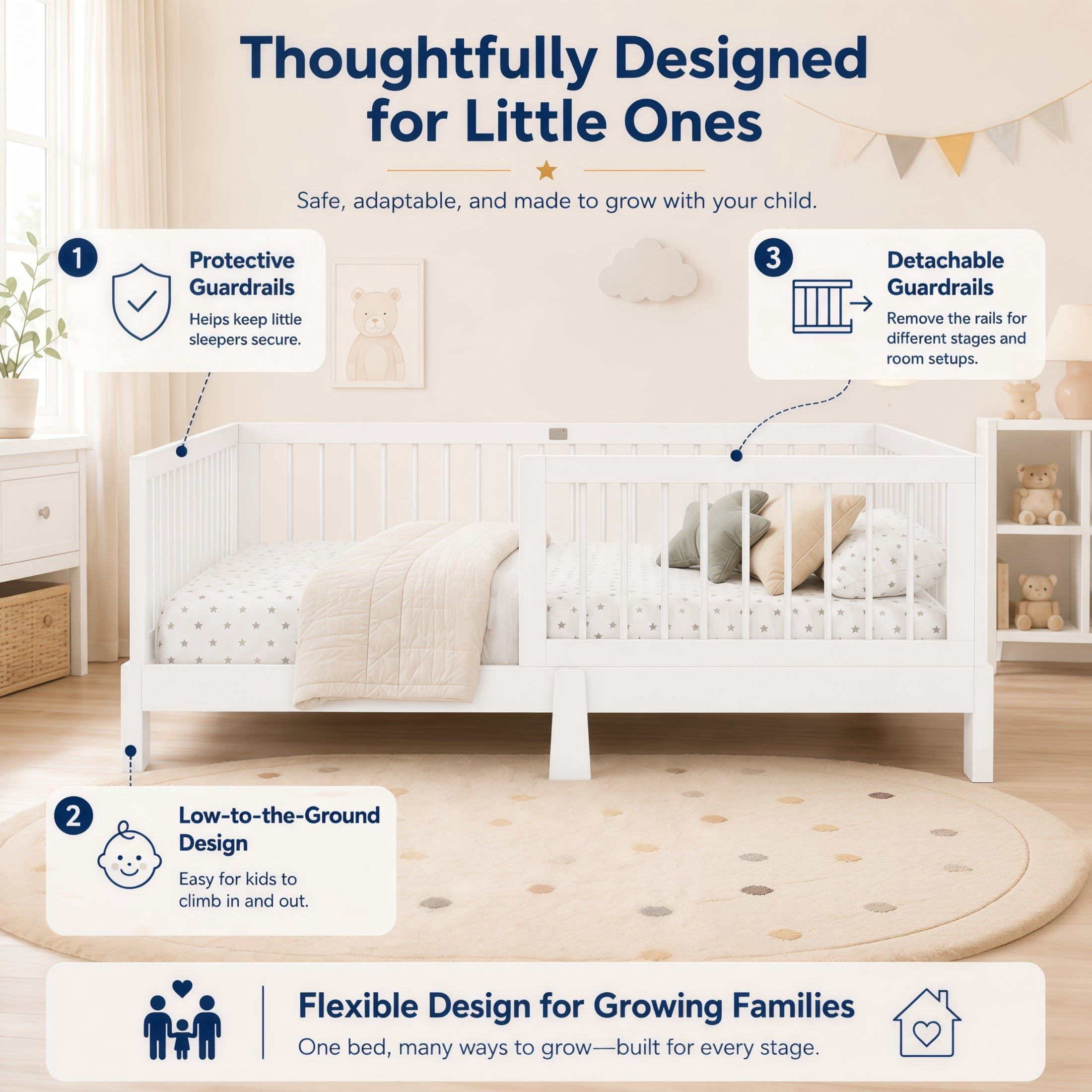 GDF Studio Rolley Full-Size 3-in-1 Convertible Montessori Floor Bed with Guardrails, Pine Wood Kids Bed Frame, White