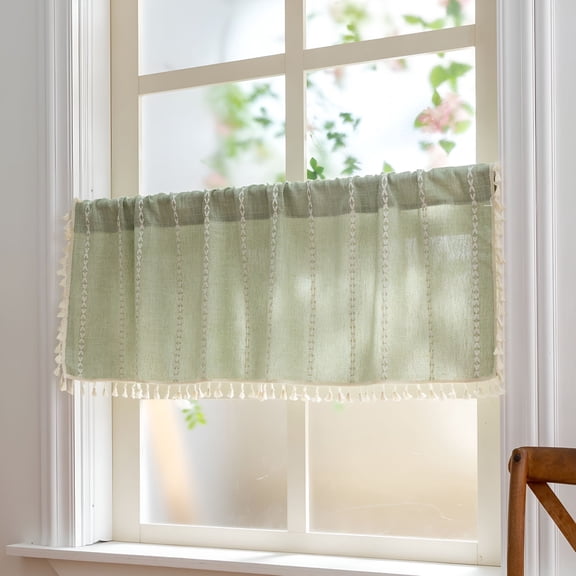 AUQ Sage Green Curtain Tassel Valance,Farmhouse Kitchen Valances for Cafe Kitchen Closet Garden Decor,Cream Cotton Linen Short Panel French Country Window Treatments Tier Panel,W52 X L18