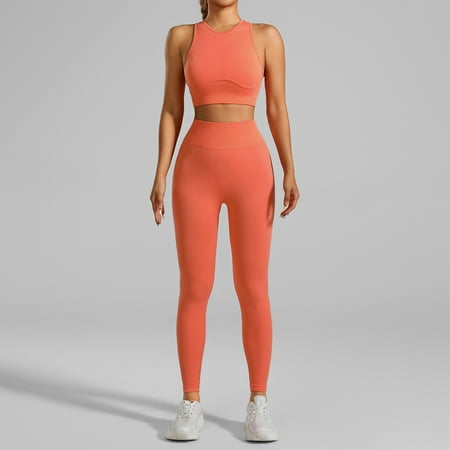 XDDLITP Workout Sets for Women Two Piece Racerback Sports Bra Crop Tank Top Matching High Waist Seamless Leggings Gym Yoga Exercise Outfits Orange L