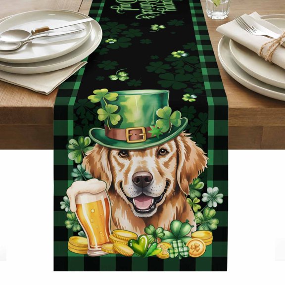 St Patricks Day Table Runner - 108 Inch Long, Kitchen Dining Table Runner Dresser Scarves, Watercolor Dogs Green Shamrock Plaid Farmhouse Decor for Coffee Tables Wedding Party Banquet