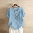thumbnail image 2 of Yigetop Women's Summer Tops Womens Casual Loose Button Linen Plus Size Daily Boho Tanic T-Shirt Blouse Tops Linen Top Blue L, 2 of 4
