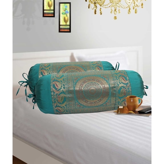 Stylo Culture Indian Polydupion Cylindrical Tube Pillow Bolster Pillow Covers Green Jacquard Brocade Border Mandala Large Couch Round Cylinder Cushion Covers (Set of 2) | 30x15 Inches (76x38 cm)