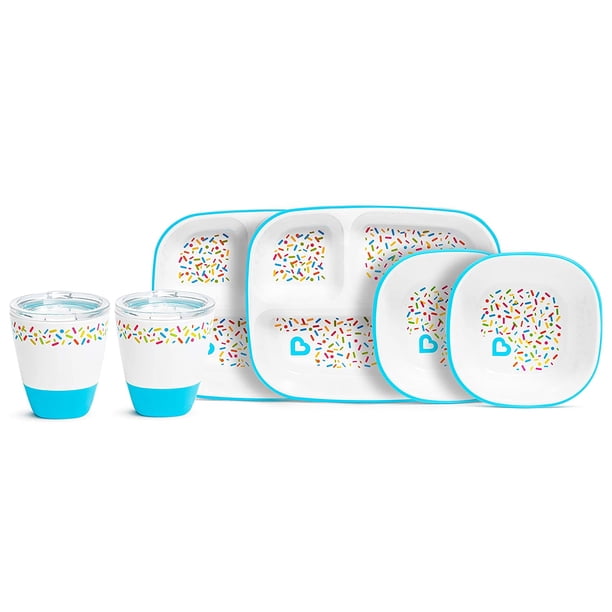 Munchkin Splash 6 piezas para niños pequeños Plato dividido, tazón y taza juego de comedor, Blue Sprinkles