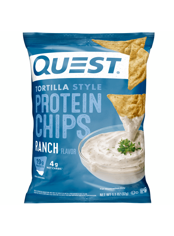 Quest Tortilla Style Protein Chips, High Protein, Ranch Flavor, Gluten Free, Single Bag, 1.1 oz