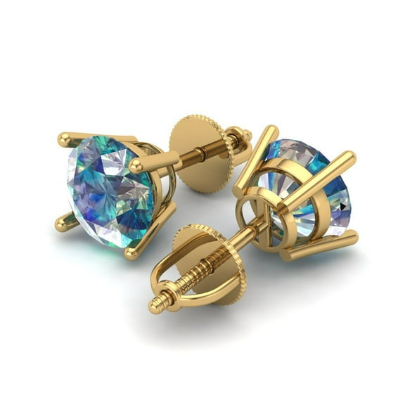 4 Ct Round Cut Studs Blue Moissanite 18K Yellow Solid Solid Gold Everyday Dainty Earrings Screw Back