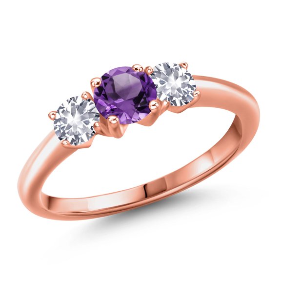Gem Stone King 18K Rose Gold Plated Silver Purple Amethyst and White Created Sapphire Engagement Ring for Women | 0.98 Cttw | Round 5MM | Gemstone February Birthstone | Size 6