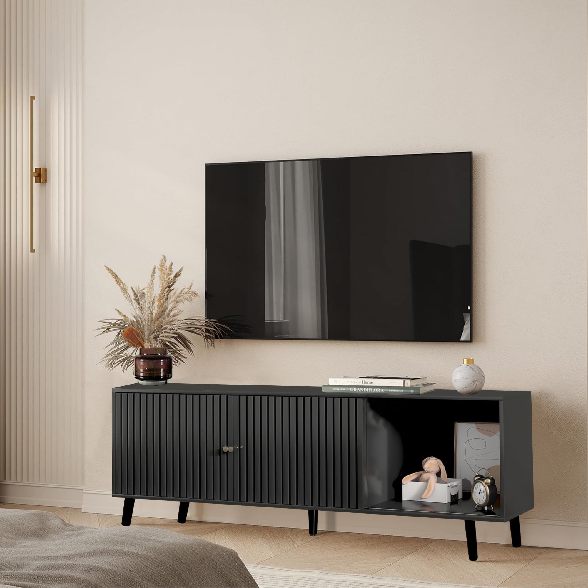 Mid-Century Modern TV Stand for TVs up to 70”, Sliding Door Wood Entertainment Center with Storage