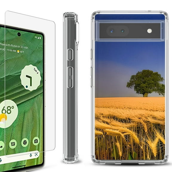 Shockproof Bumper Phone Case for Google Pixel 6a, with Tempered Glass Screen Protector, by OneToughShield ® - Wheatfield