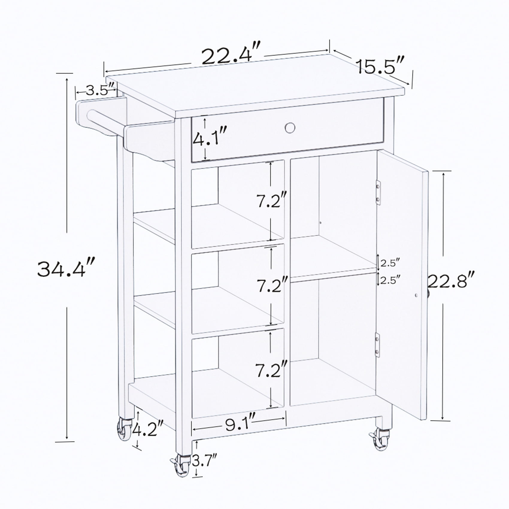 Small Kitchen Island on Wheel with Storage and Rubberwood Countertop, Rolling Kitchen Island Cart with Drawer, Storage Cabinet and 3 Open Shelves, Rolling Trolley Cart with Towel Rack for Kitchen